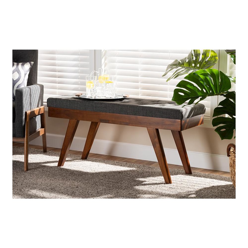 Alona Mid-Century Modern Medium Grey Fabric Upholstered Wood Dining Bench. Picture 6