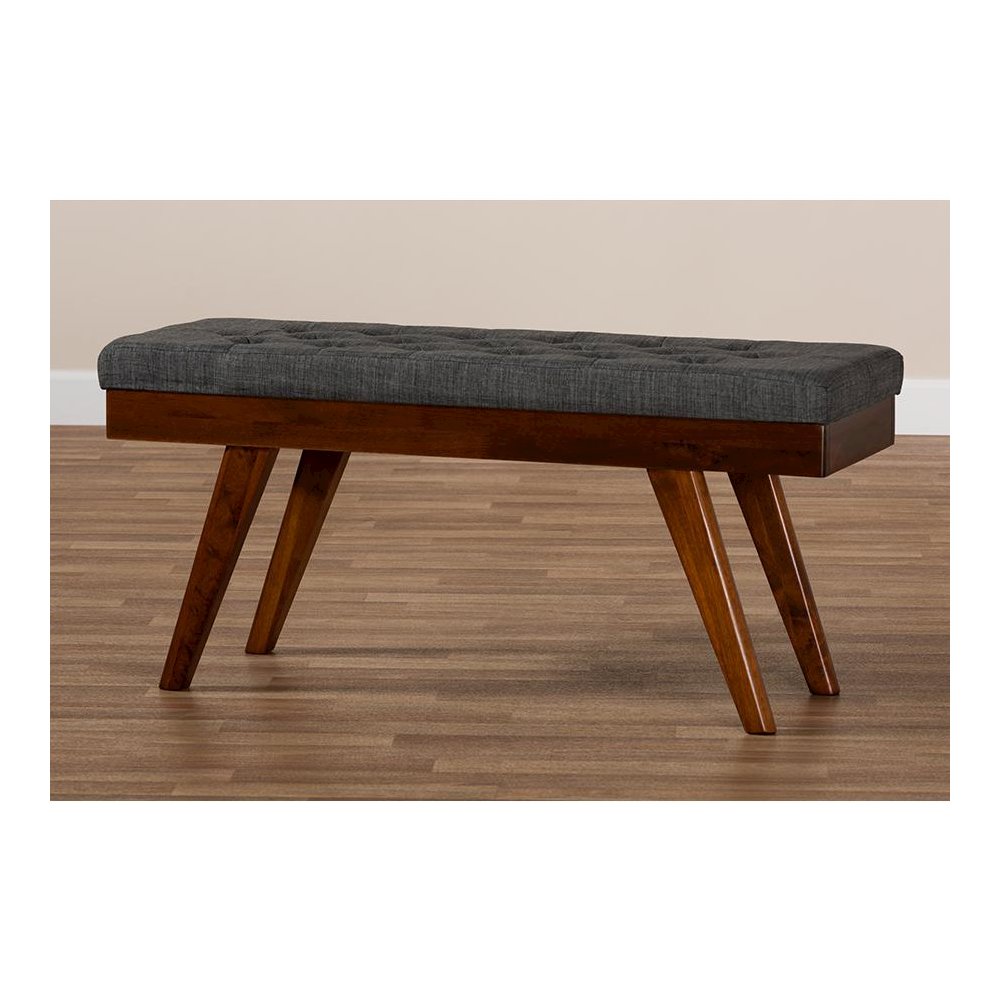 Alona Mid-Century Modern Medium Grey Fabric Upholstered Wood Dining Bench. Picture 7
