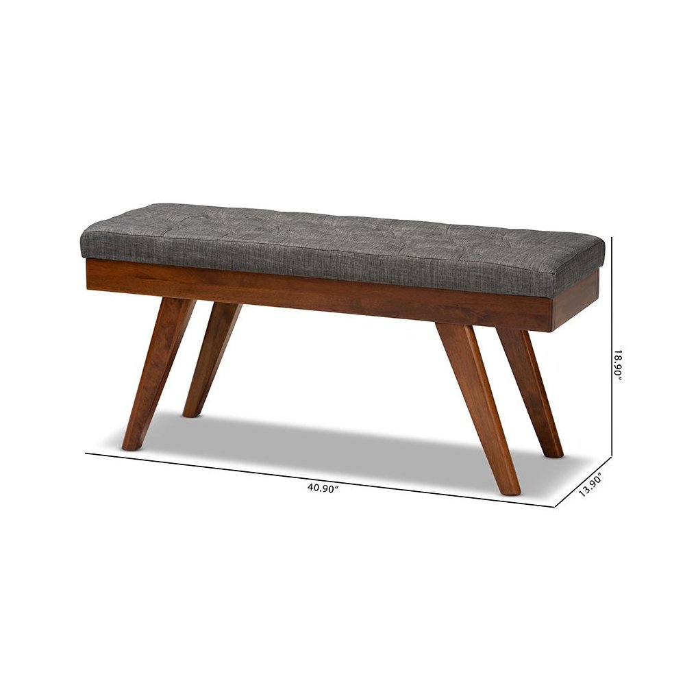 Alona Mid-Century Modern Medium Grey Fabric Upholstered Wood Dining Bench. Picture 8