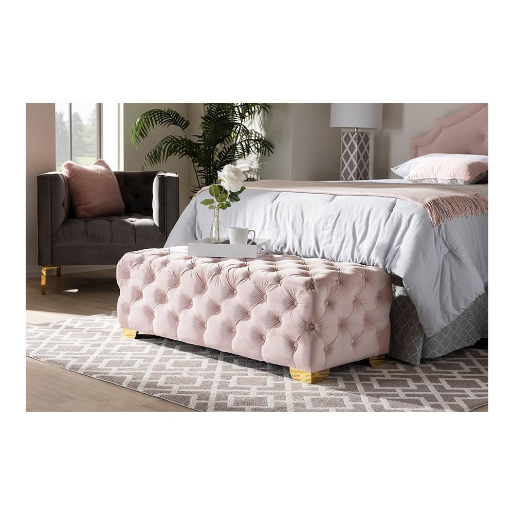 Gold Finished Button Tufted Bench Ottoman. Picture 6
