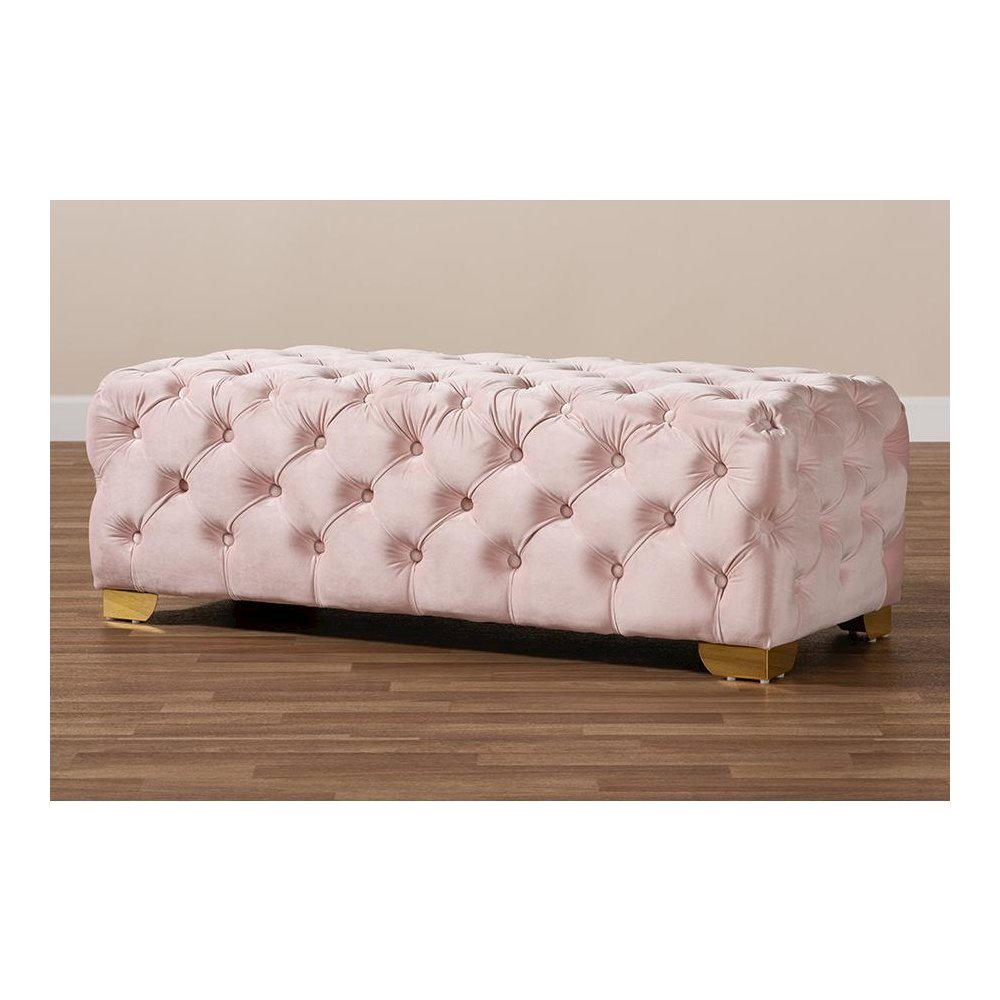 Gold Finished Button Tufted Bench Ottoman. Picture 7