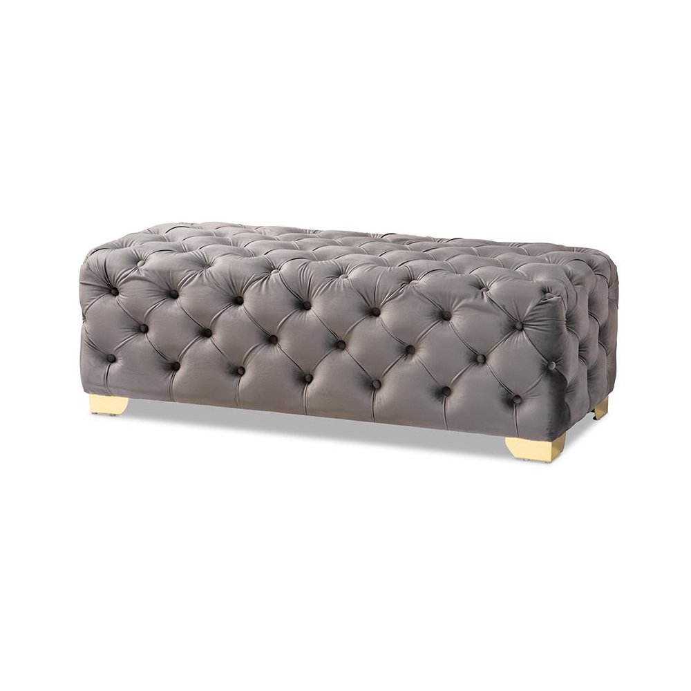 Luxe Gray Velvet Fabric Upholstered Gold Finished Button Tufted Bench Ottoman. Picture 1