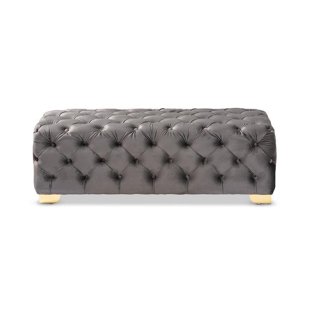Luxe Gray Velvet Fabric Upholstered Gold Finished Button Tufted Bench Ottoman. Picture 2