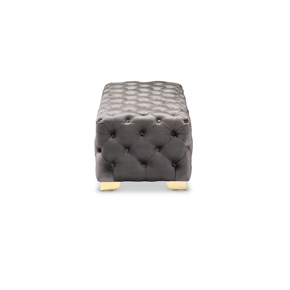 Luxe Gray Velvet Fabric Upholstered Gold Finished Button Tufted Bench Ottoman. Picture 3