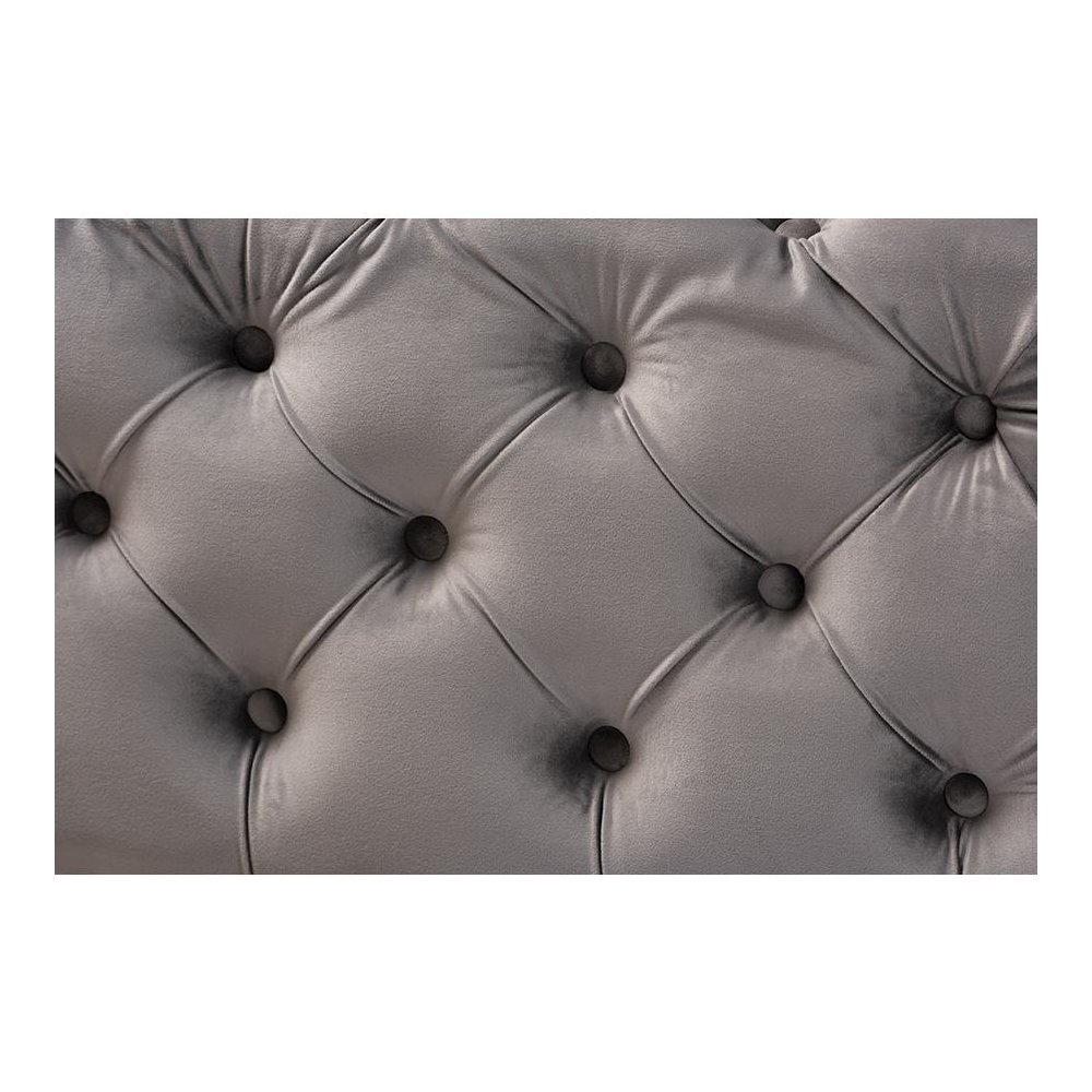 Luxe Gray Velvet Fabric Upholstered Gold Finished Button Tufted Bench Ottoman. Picture 4