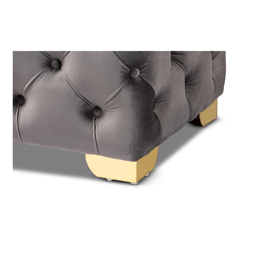 Luxe Gray Velvet Fabric Upholstered Gold Finished Button Tufted Bench Ottoman. Picture 5