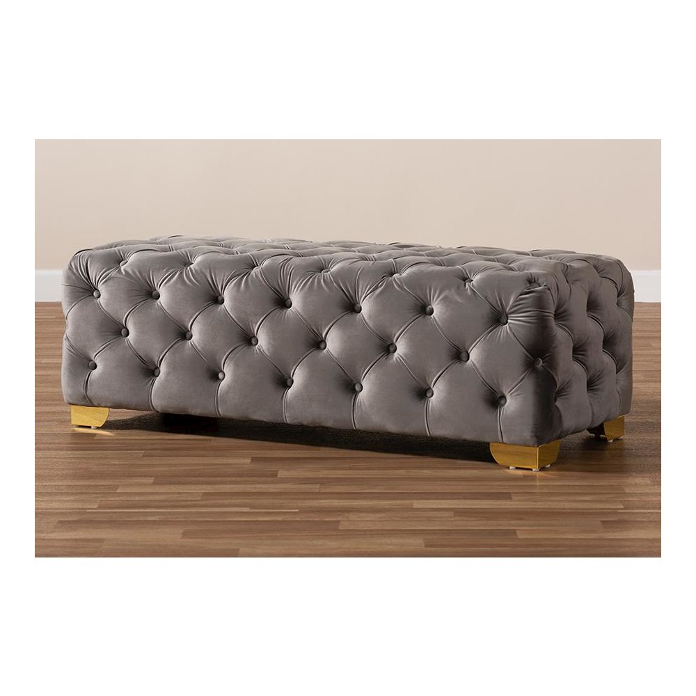 Luxe Gray Velvet Fabric Upholstered Gold Finished Button Tufted Bench Ottoman. Picture 7
