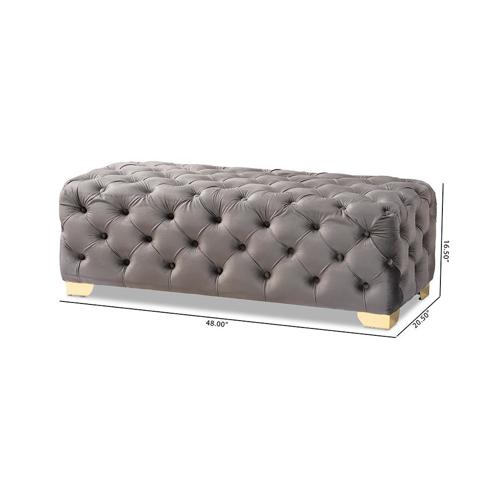 Luxe Gray Velvet Fabric Upholstered Gold Finished Button Tufted Bench Ottoman. Picture 8