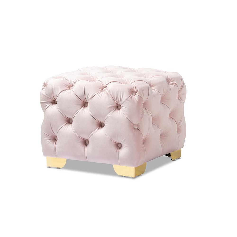 Luxe Light Pink Velvet Fabric Upholstered Gold Finished Button Tufted Ottoman. Picture 1