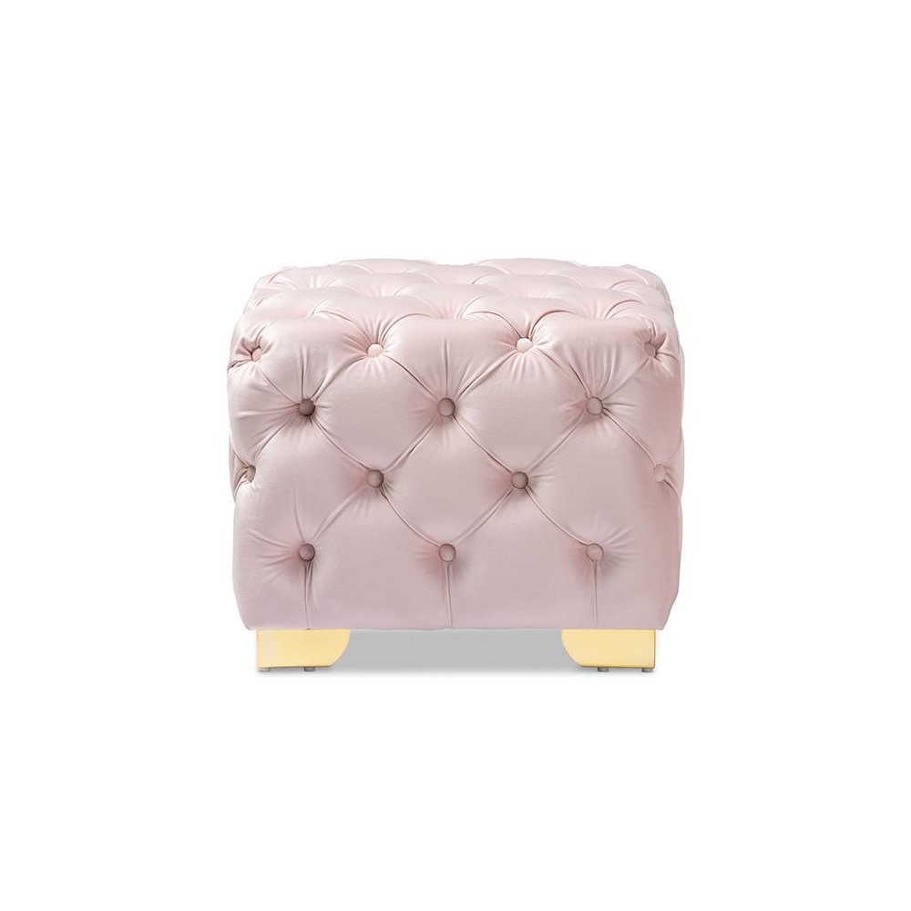 Luxe Light Pink Velvet Fabric Upholstered Gold Finished Button Tufted Ottoman. Picture 2