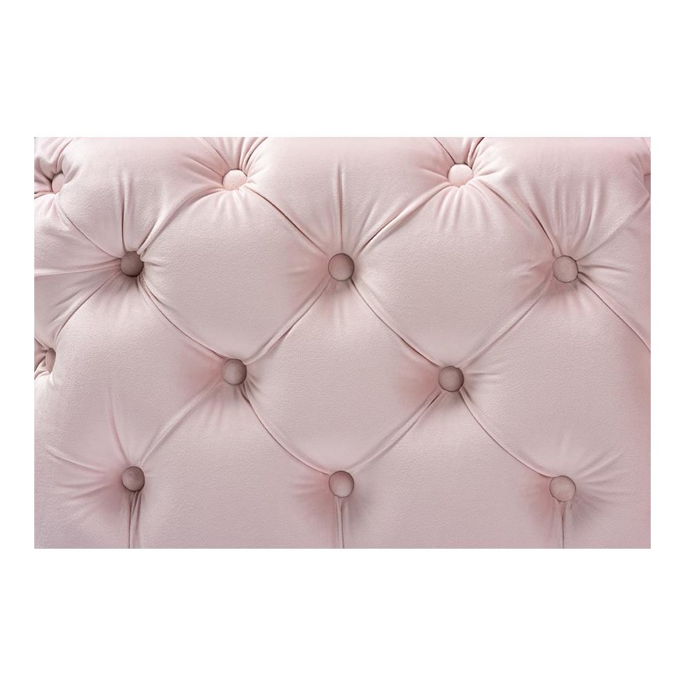 Luxe Light Pink Velvet Fabric Upholstered Gold Finished Button Tufted Ottoman. Picture 3