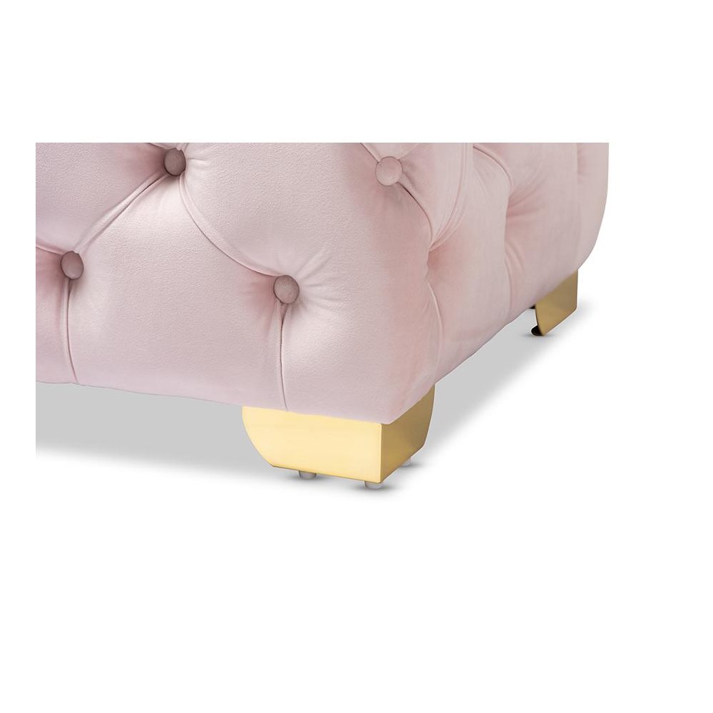 Luxe Light Pink Velvet Fabric Upholstered Gold Finished Button Tufted Ottoman. Picture 4