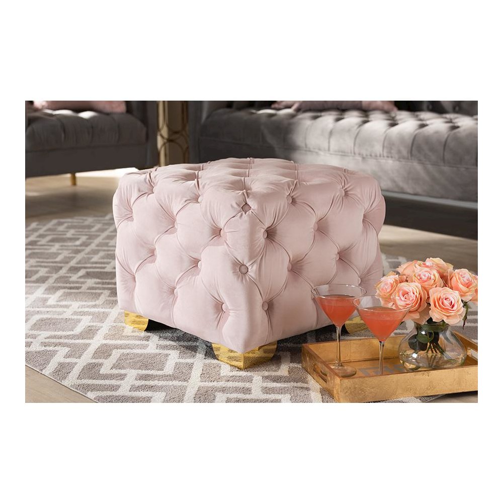 Luxe Light Pink Velvet Fabric Upholstered Gold Finished Button Tufted Ottoman. Picture 5