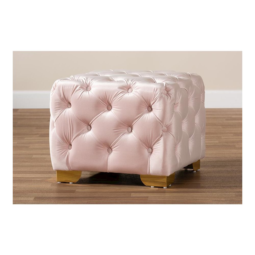 Luxe Light Pink Velvet Fabric Upholstered Gold Finished Button Tufted Ottoman. Picture 6
