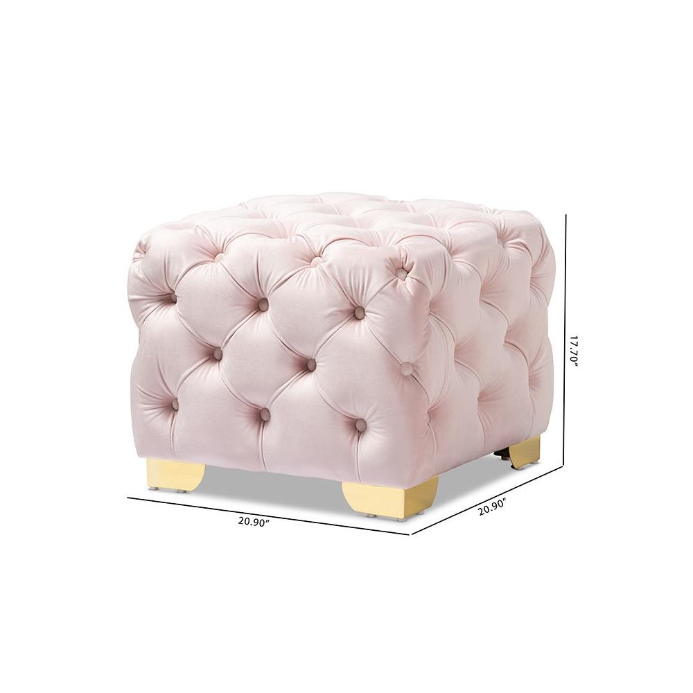 Luxe Light Pink Velvet Fabric Upholstered Gold Finished Button Tufted Ottoman. Picture 7
