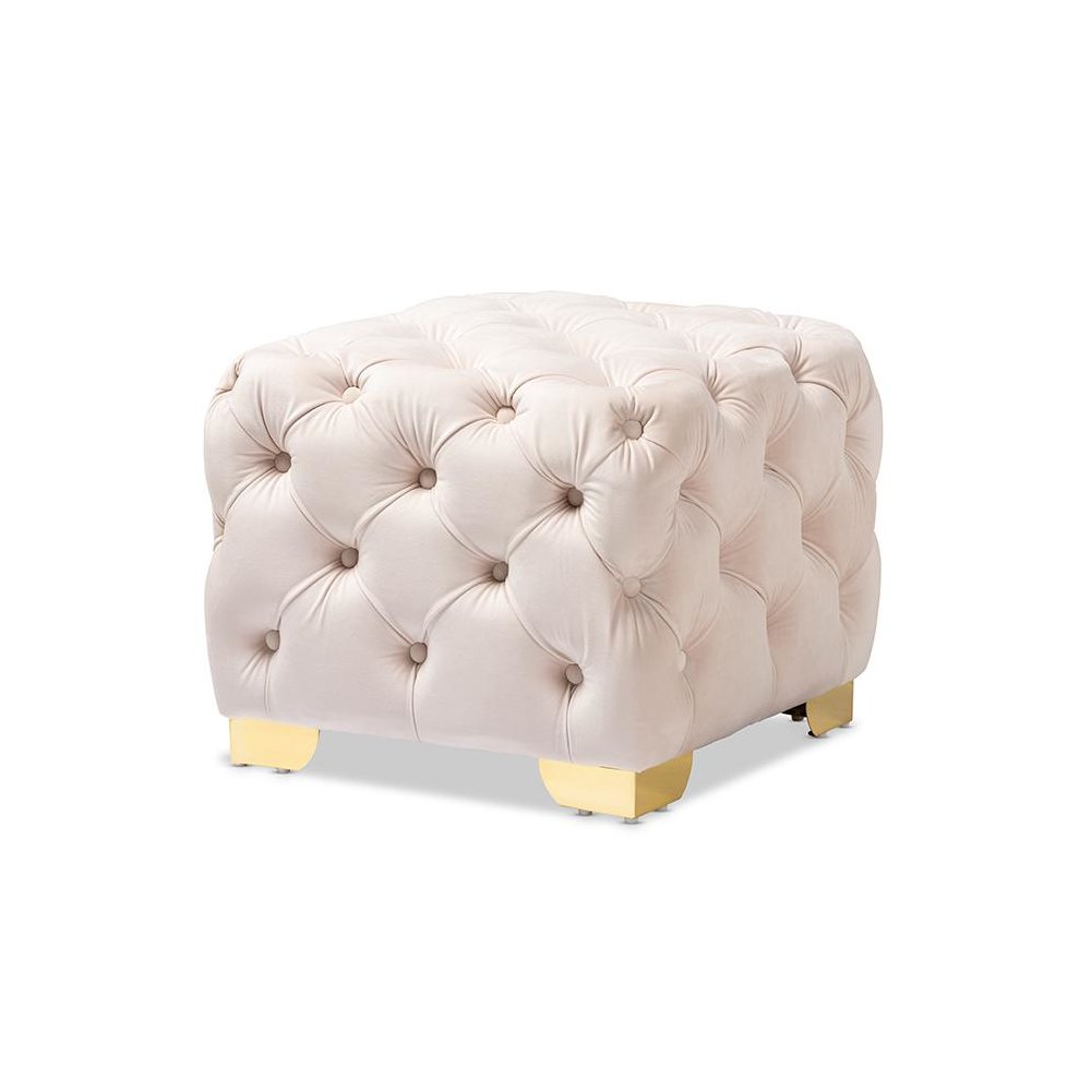 Luxe Light Beige Velvet Fabric Upholstered Gold Finished Button Tufted Ottoman. Picture 1