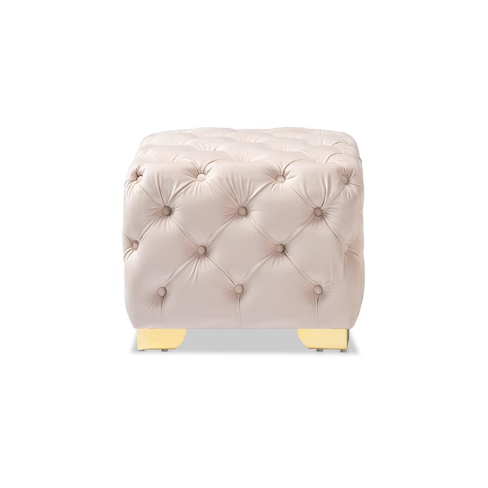Luxe Light Beige Velvet Fabric Upholstered Gold Finished Button Tufted Ottoman. Picture 2