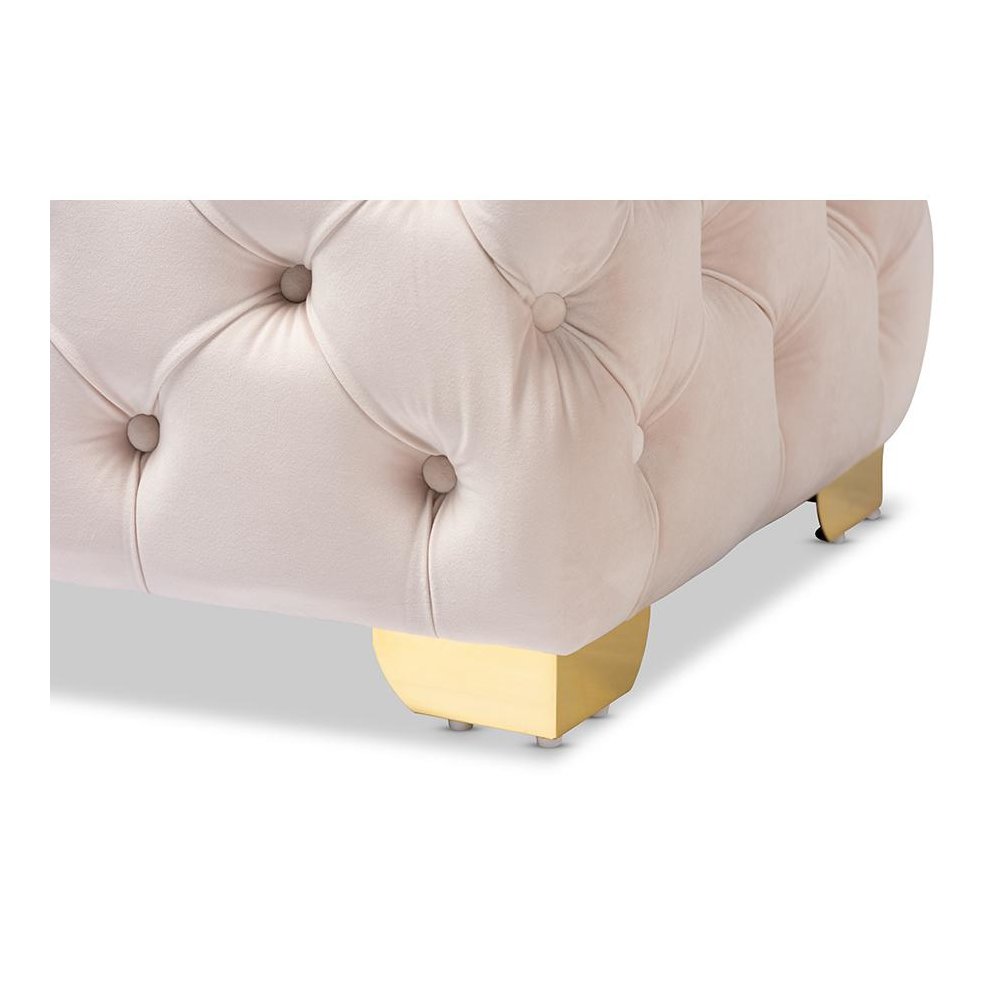 Luxe Light Beige Velvet Fabric Upholstered Gold Finished Button Tufted Ottoman. Picture 4