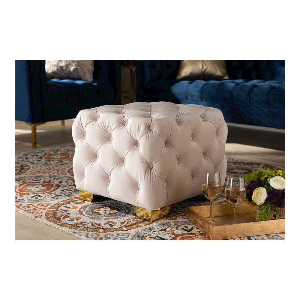 Luxe Light Beige Velvet Fabric Upholstered Gold Finished Button Tufted Ottoman. Picture 5