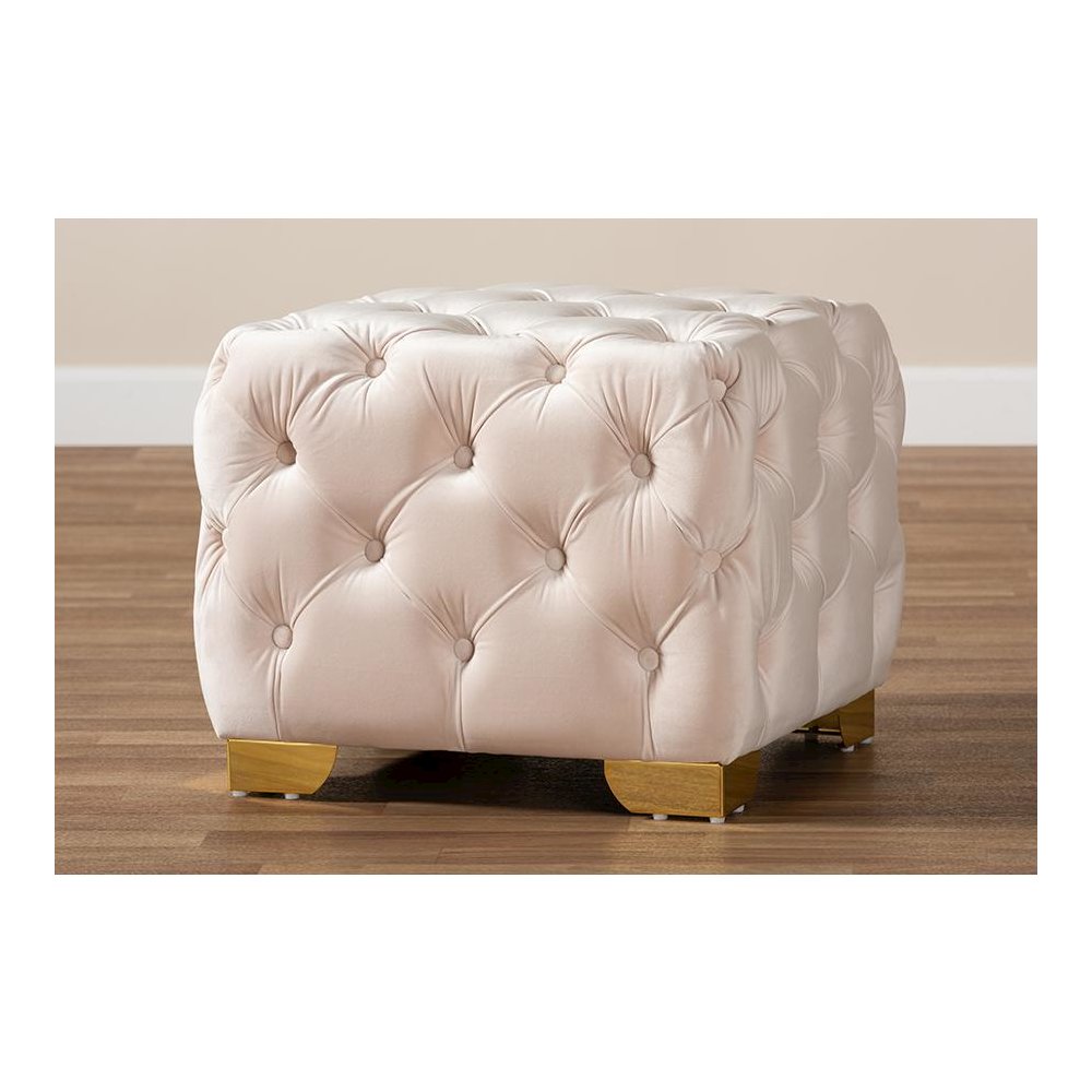 Luxe Light Beige Velvet Fabric Upholstered Gold Finished Button Tufted Ottoman. Picture 6