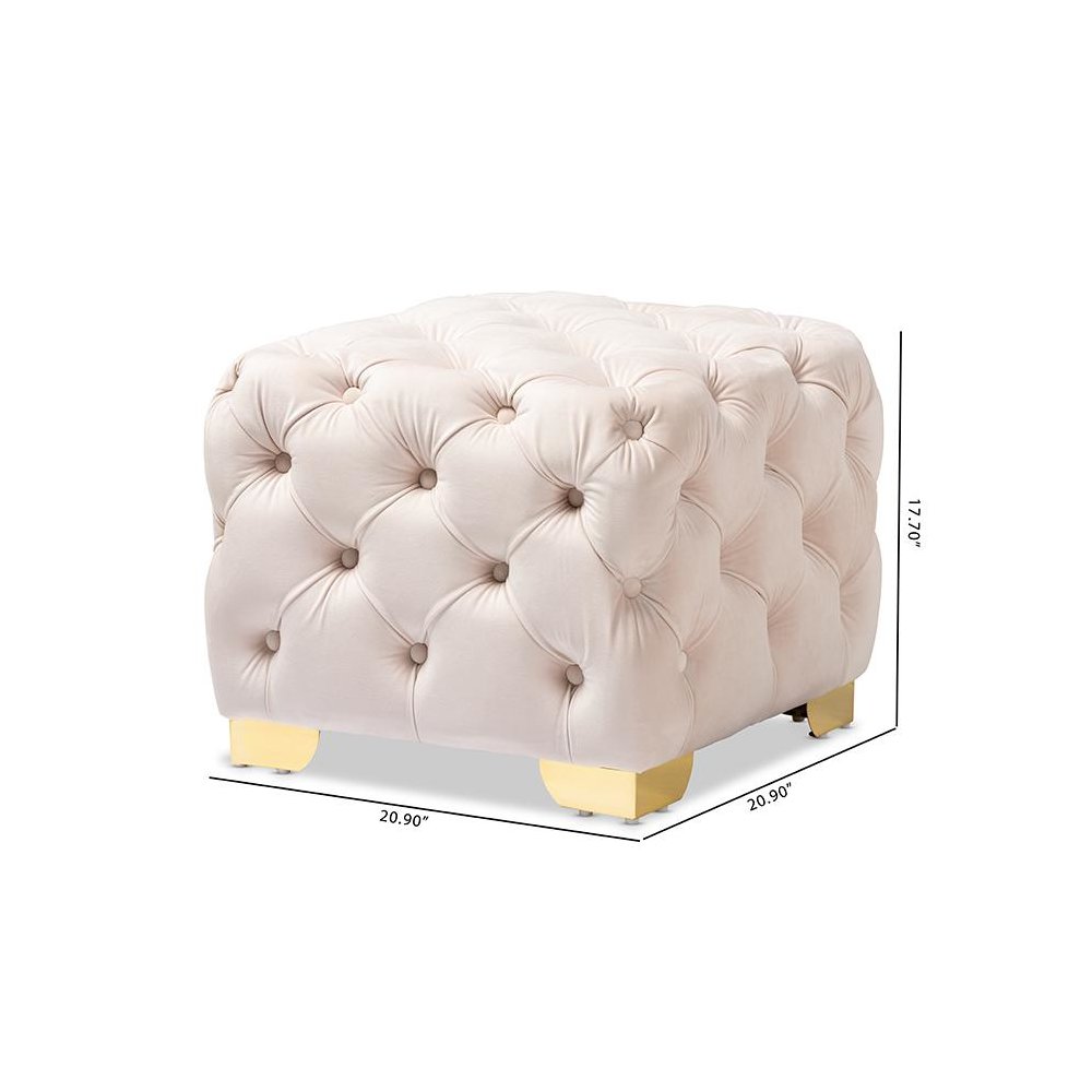 Luxe Light Beige Velvet Fabric Upholstered Gold Finished Button Tufted Ottoman. Picture 7
