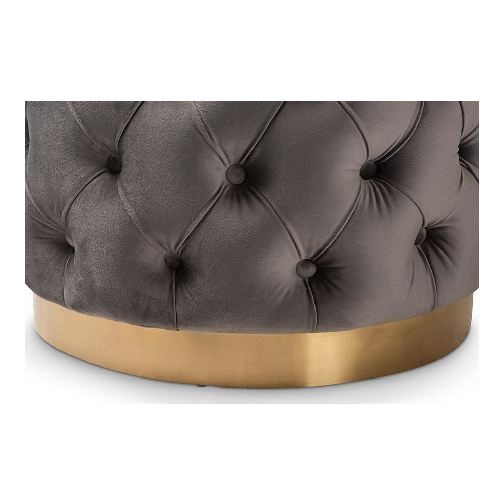 Valeria Glam Gray Velvet Fabric Upholstered Gold-Finished Button Tufted Ottoman. Picture 2