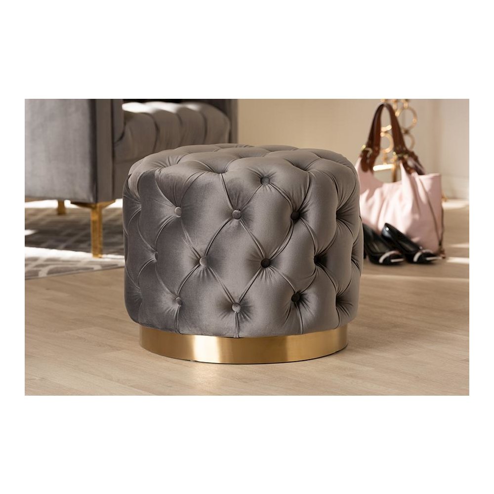 Valeria Glam Gray Velvet Fabric Upholstered Gold-Finished Button Tufted Ottoman. Picture 3