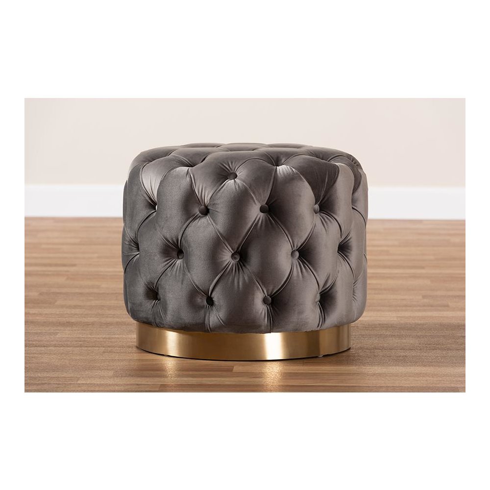 Valeria Glam Gray Velvet Fabric Upholstered Gold-Finished Button Tufted Ottoman. Picture 4