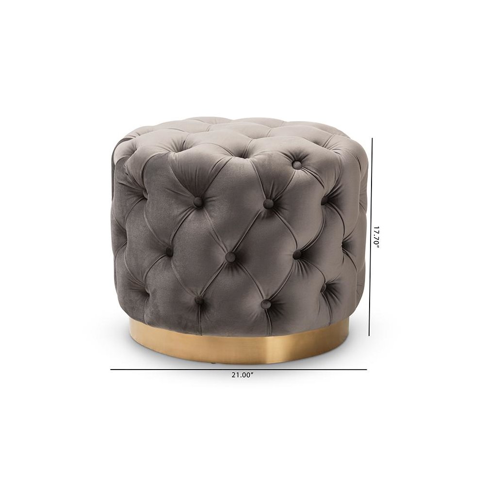 Valeria Glam Gray Velvet Fabric Upholstered Gold-Finished Button Tufted Ottoman. Picture 5