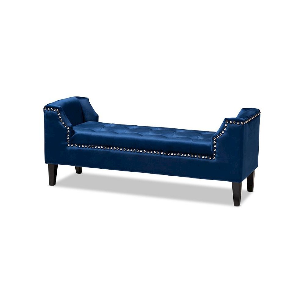 Royal Blue Velvet Fabric Upholstered Espresso Finished Wood Bench. Picture 1