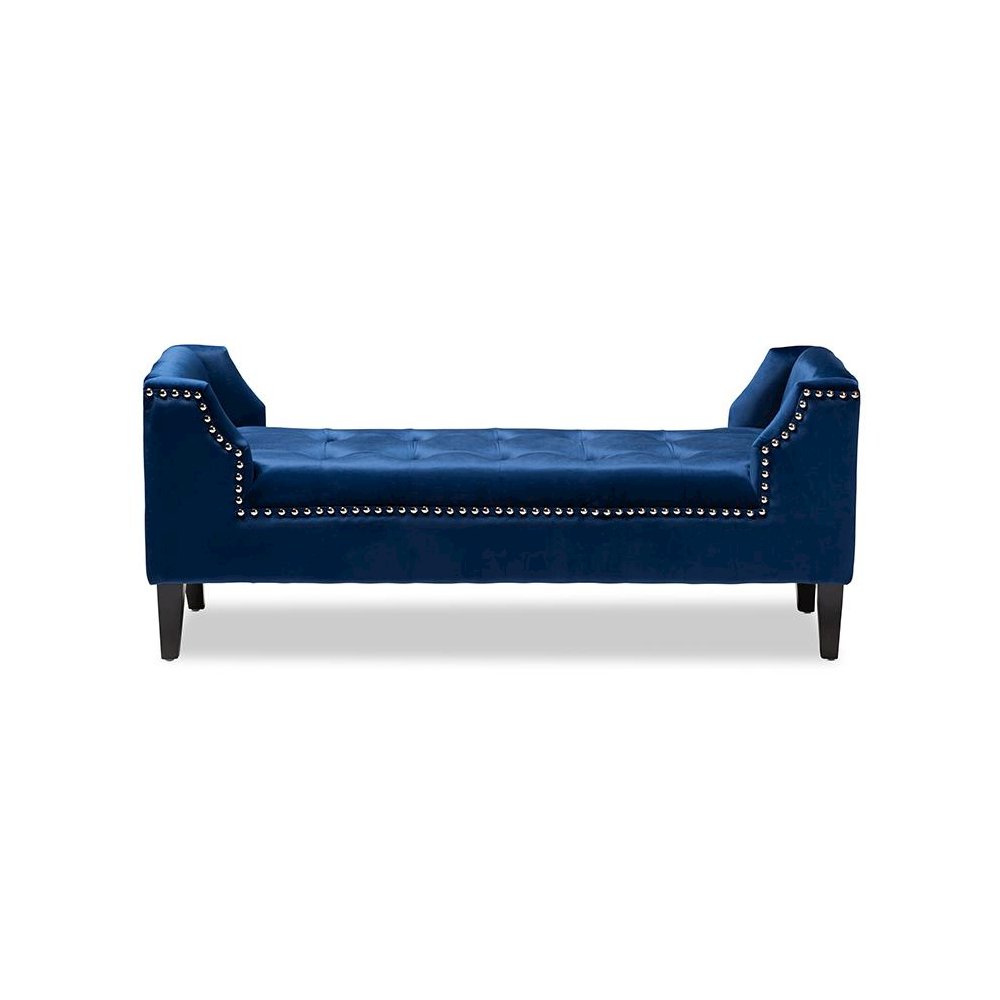 Royal Blue Velvet Fabric Upholstered Espresso Finished Wood Bench. Picture 2