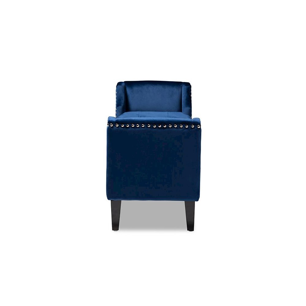 Royal Blue Velvet Fabric Upholstered Espresso Finished Wood Bench. Picture 3