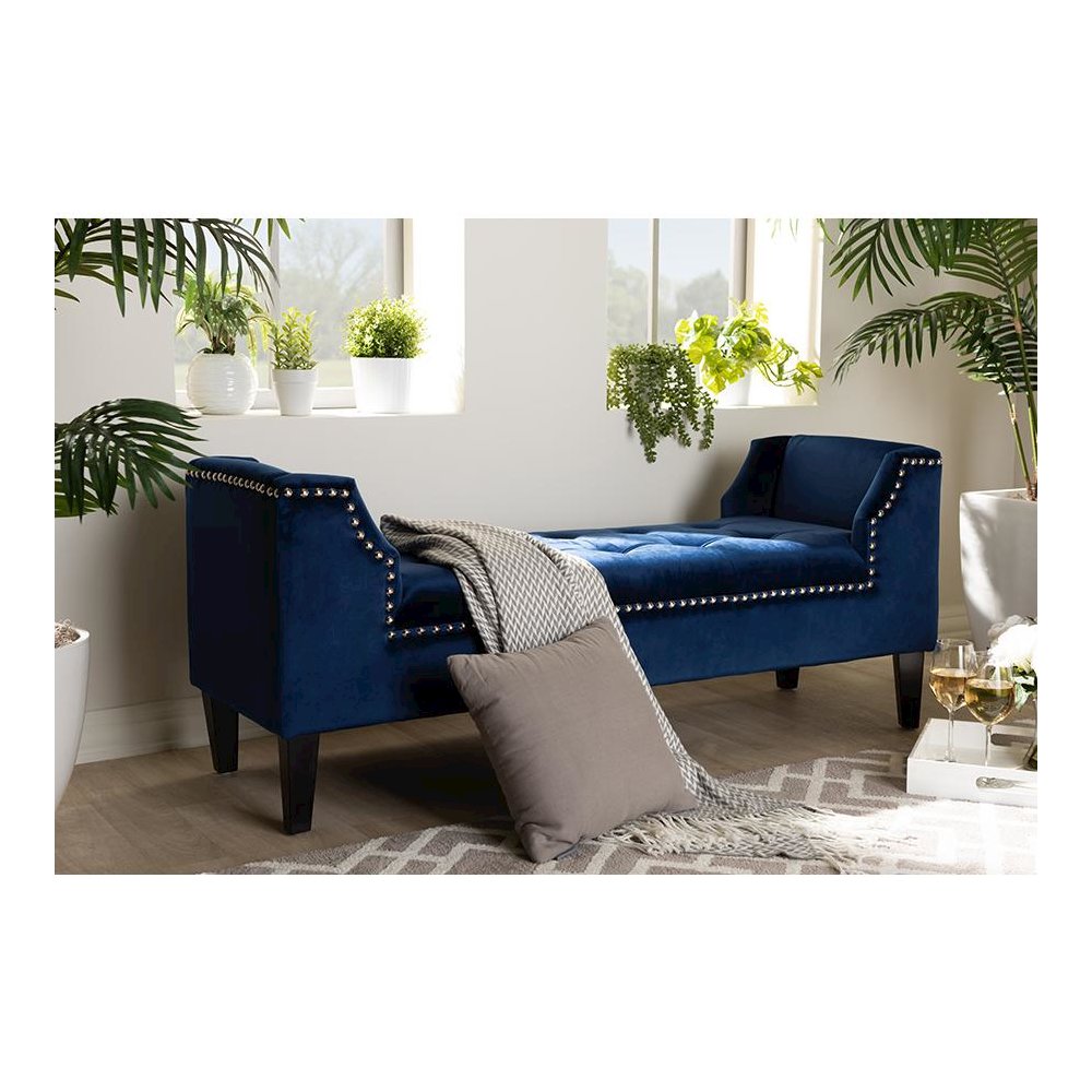 Royal Blue Velvet Fabric Upholstered Espresso Finished Wood Bench. Picture 7