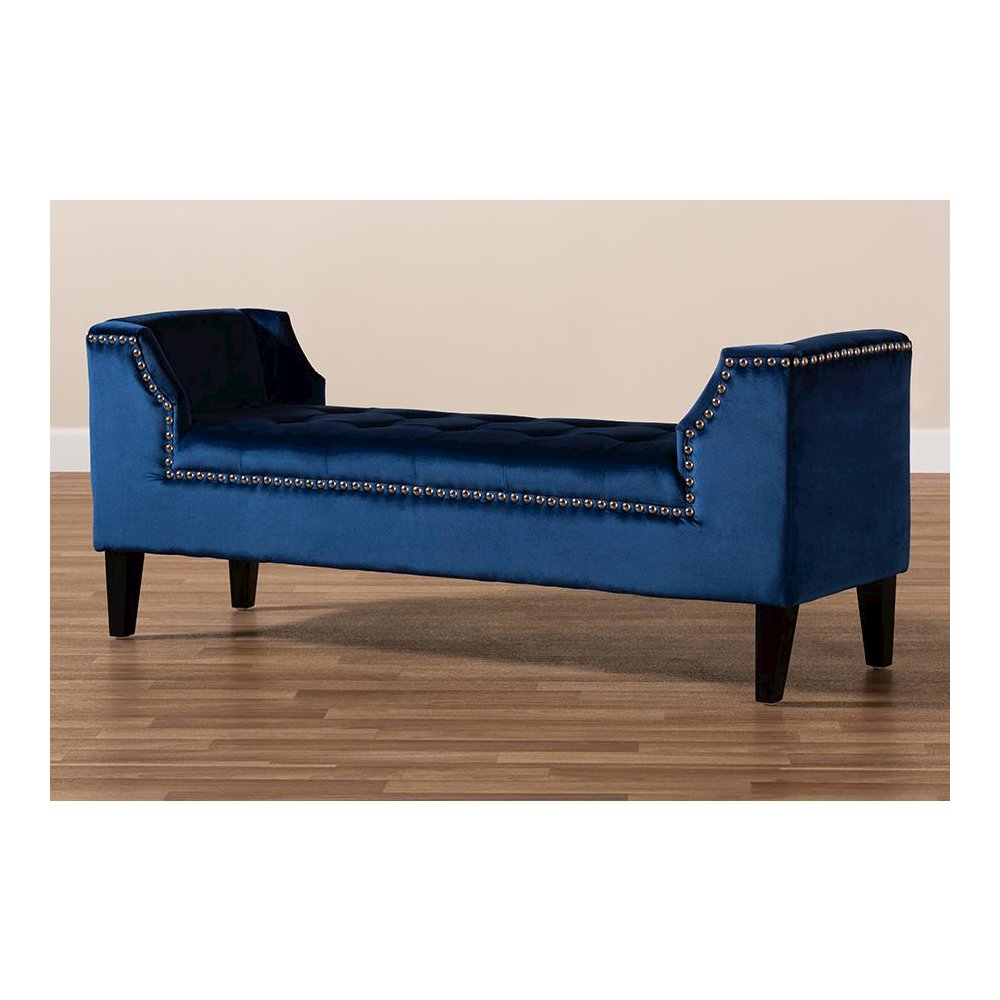 Royal Blue Velvet Fabric Upholstered Espresso Finished Wood Bench. Picture 8