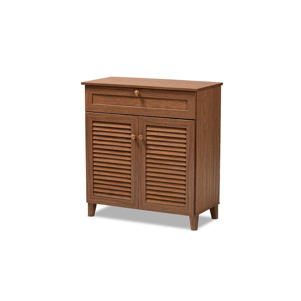 Walnut Finished 4-Shelf Wood Shoe Storage Cabinet with Drawer. Picture 1