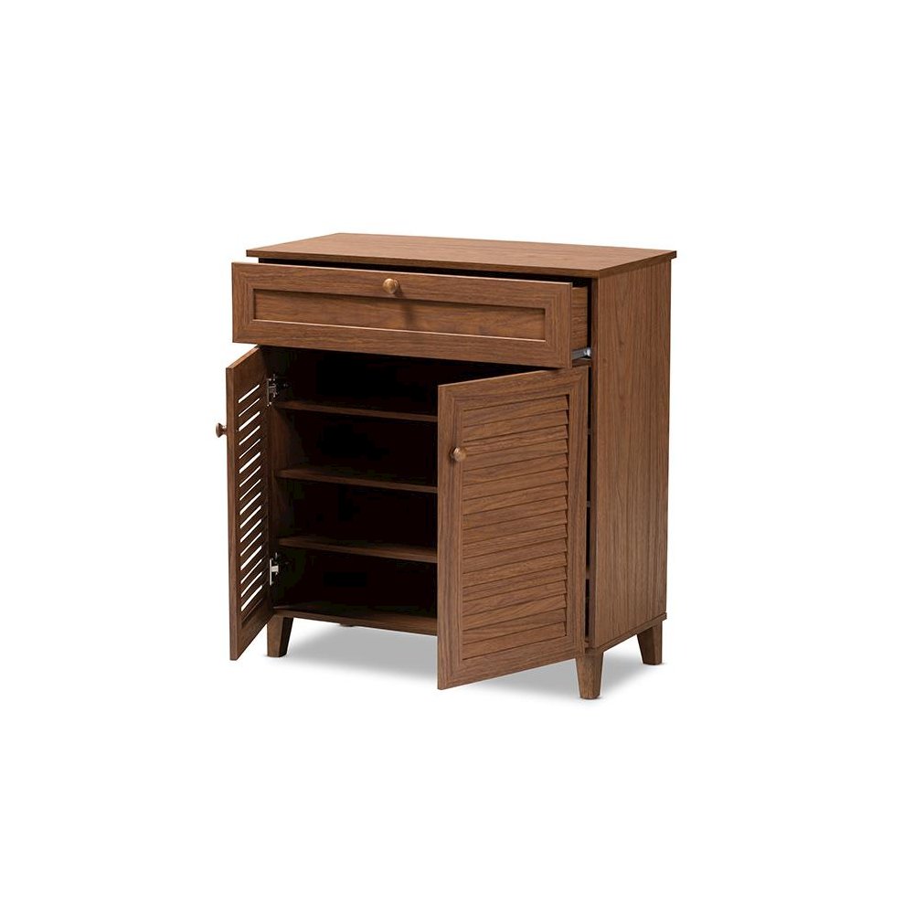 Walnut Finished 4-Shelf Wood Shoe Storage Cabinet with Drawer. Picture 2