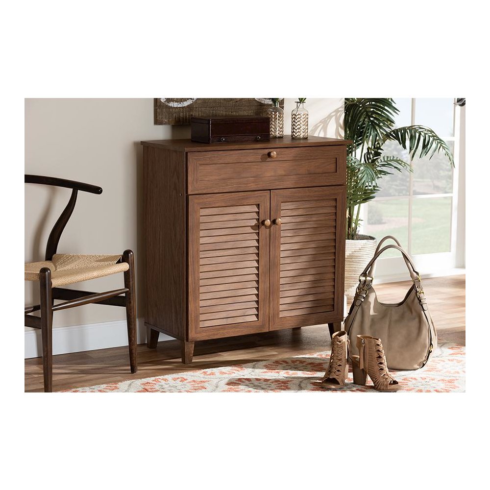 Walnut Finished 4-Shelf Wood Shoe Storage Cabinet with Drawer. Picture 7