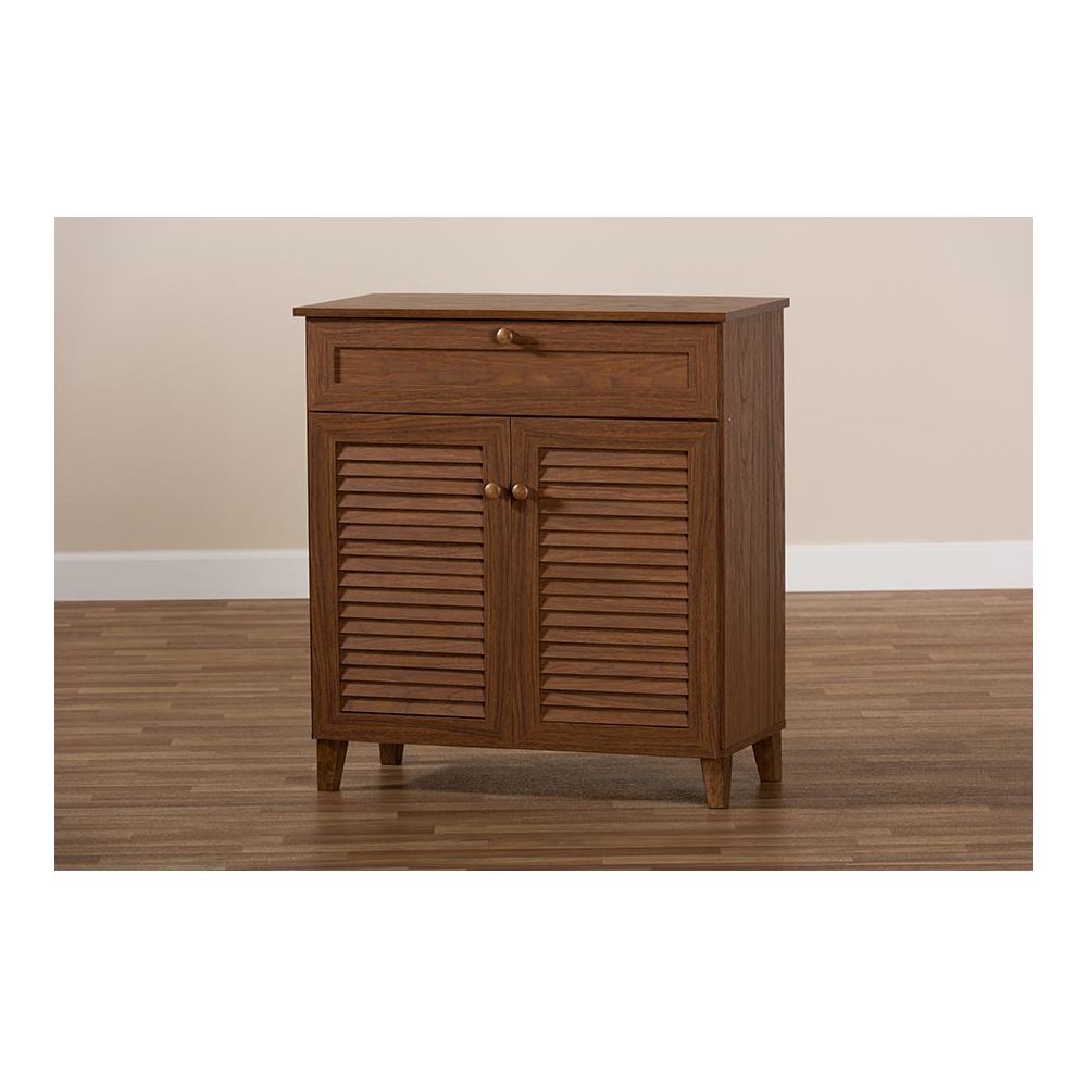 Walnut Finished 4-Shelf Wood Shoe Storage Cabinet with Drawer. Picture 9