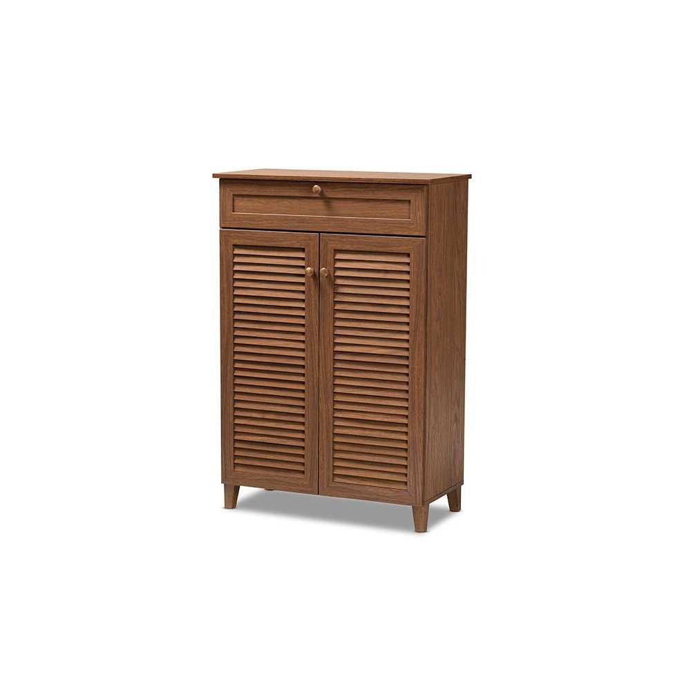 Walnut Finished 5-Shelf Wood Shoe Storage Cabinet with Drawer. Picture 1