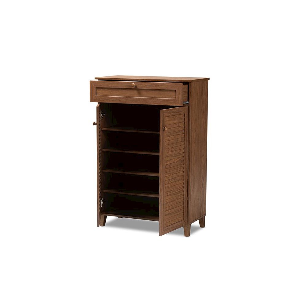 Walnut Finished 5-Shelf Wood Shoe Storage Cabinet with Drawer. Picture 2