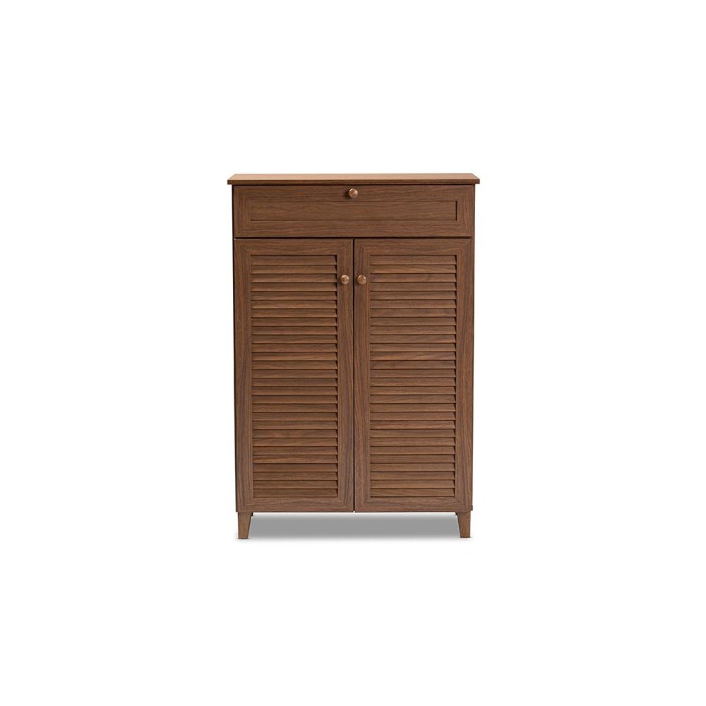 Walnut Finished 5-Shelf Wood Shoe Storage Cabinet with Drawer. Picture 3