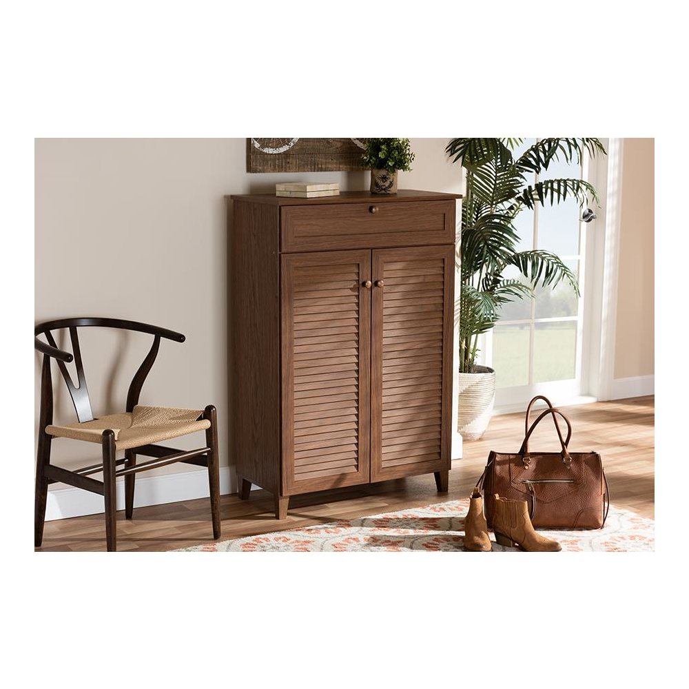 Walnut Finished 5-Shelf Wood Shoe Storage Cabinet with Drawer. Picture 7