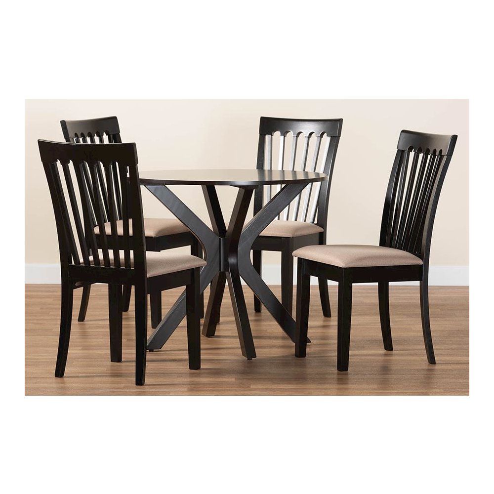 Lore Modern Sand Fabric and Dark Brown Finished Wood 5-Piece Dining Set. Picture 9