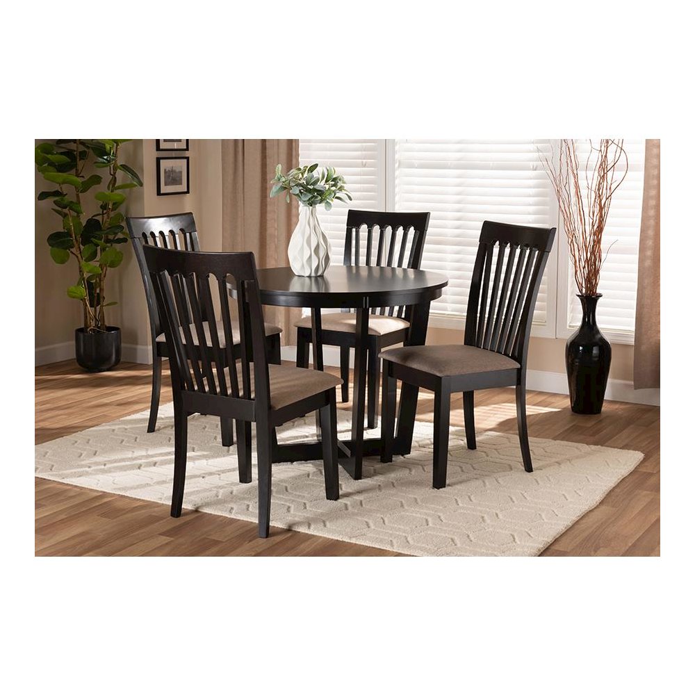Sand Fabric Upholstered and Dark Brown Finished Wood 5-Piece Dining Set. Picture 7