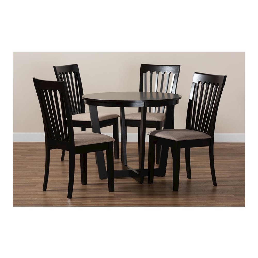 Sand Fabric Upholstered and Dark Brown Finished Wood 5-Piece Dining Set. Picture 8