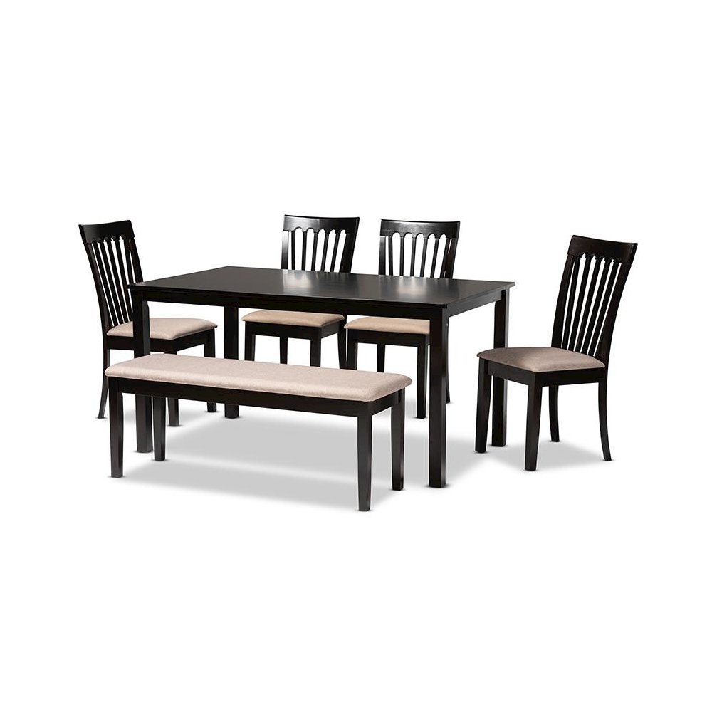 Sand Fabric Upholstered and Dark Brown Finished Wood 6-Piece Dining Set. Picture 1