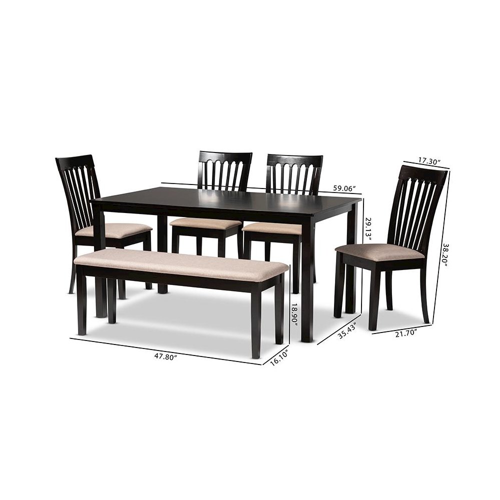Sand Fabric Upholstered and Dark Brown Finished Wood 6-Piece Dining Set. Picture 10