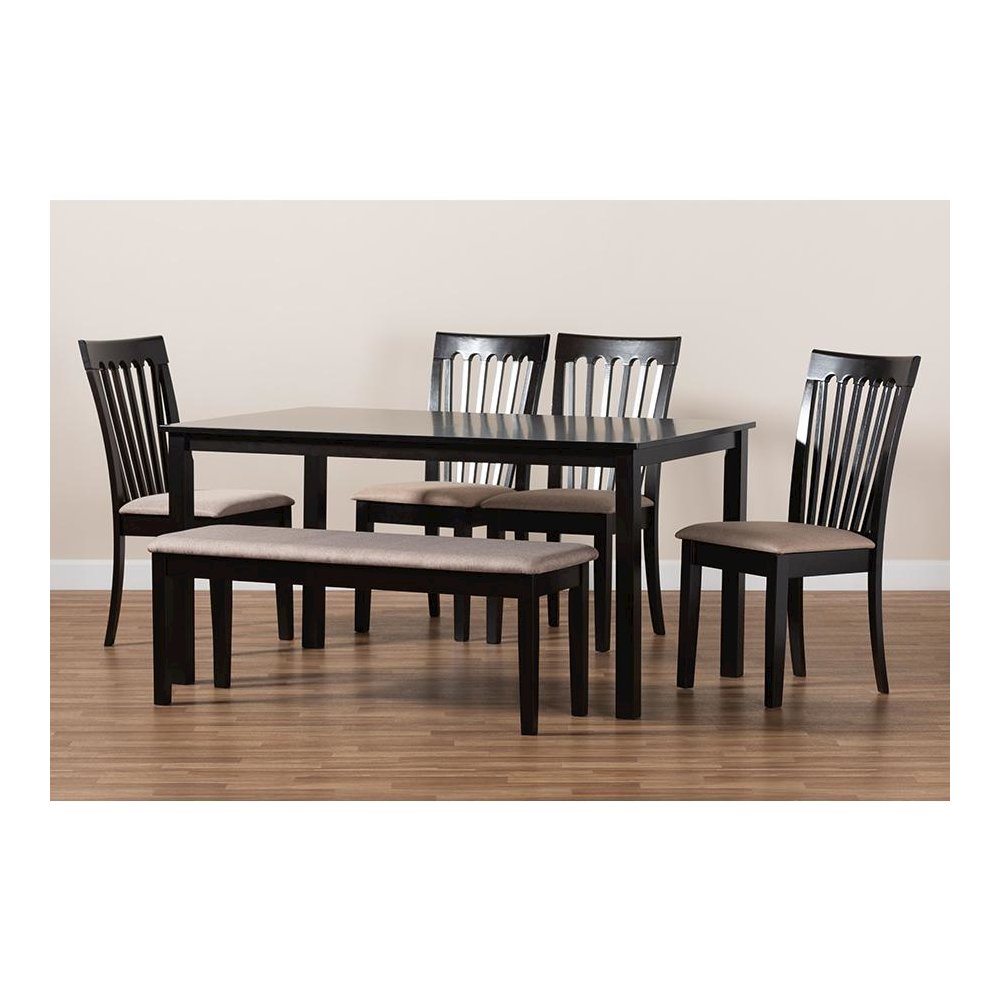 Sand Fabric Upholstered and Dark Brown Finished Wood 6-Piece Dining Set. Picture 9