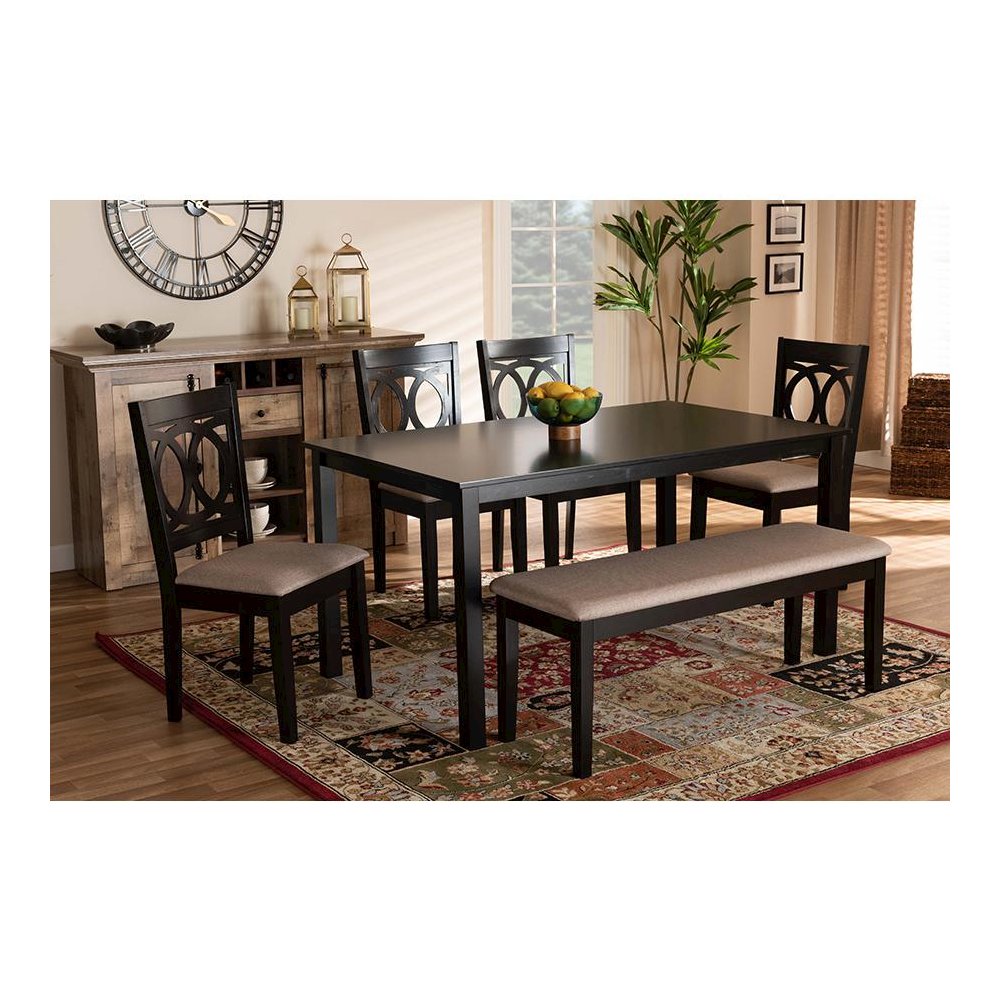 Sand Fabric Upholstered and Dark Brown Finished Wood 6-Piece Dining Set. Picture 7