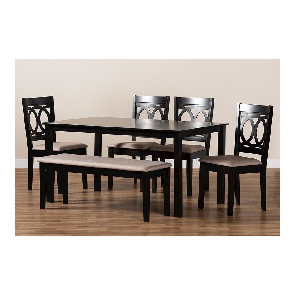 Sand Fabric Upholstered and Dark Brown Finished Wood 6-Piece Dining Set. Picture 8
